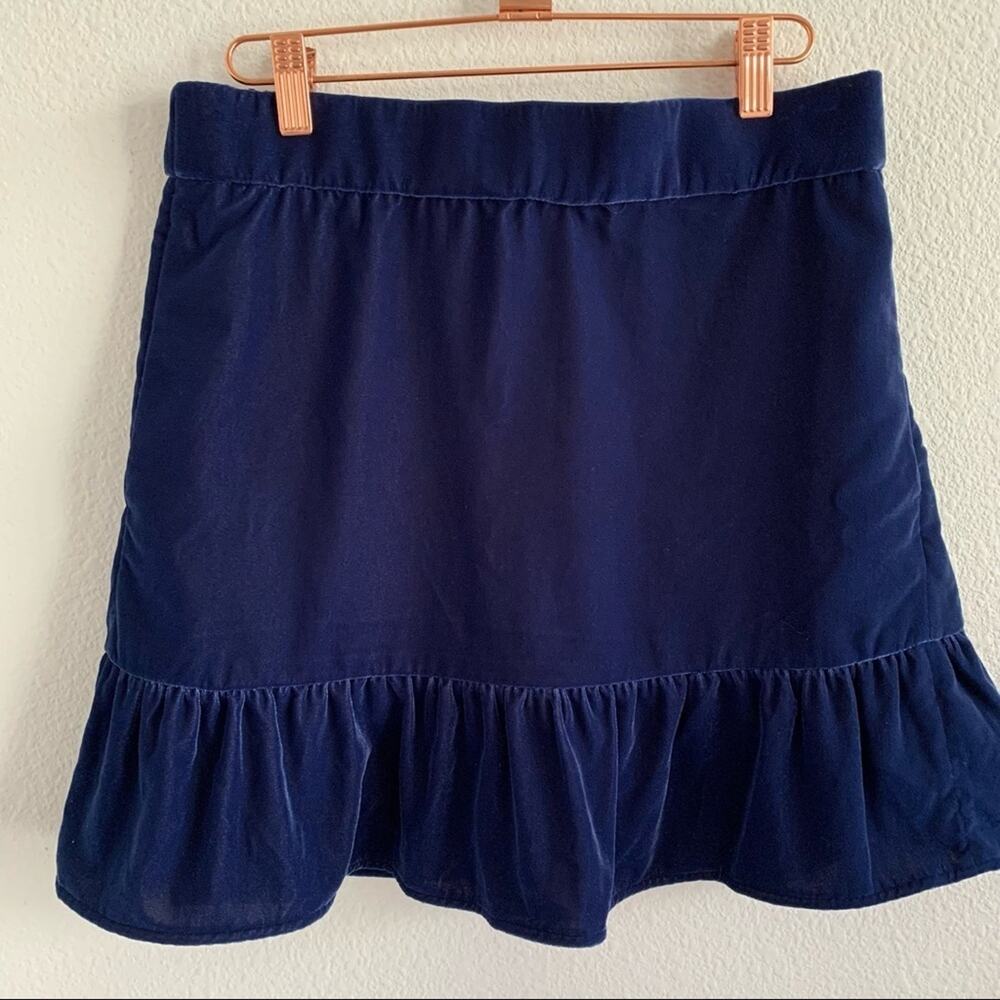 J. Crew Blue Velvet Skirt Pockets Ruffle Hem Stretch Waist Pull-on Lined Preppy